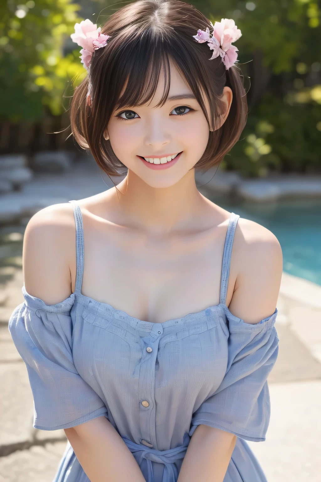 masterpiece, Top-class, Delicate, Small breasts Delicate, Captivating smile, Neat and clean clothes, Blunt bangs, Short black hair,Background Blue