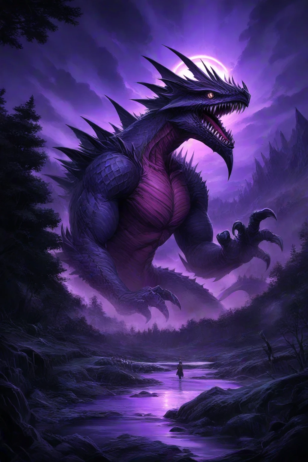 Create a wine-colored dinosaur named CSB, its scales shimmering under the sun's rays, with a robust and powerful build as it roams the primeval forest.