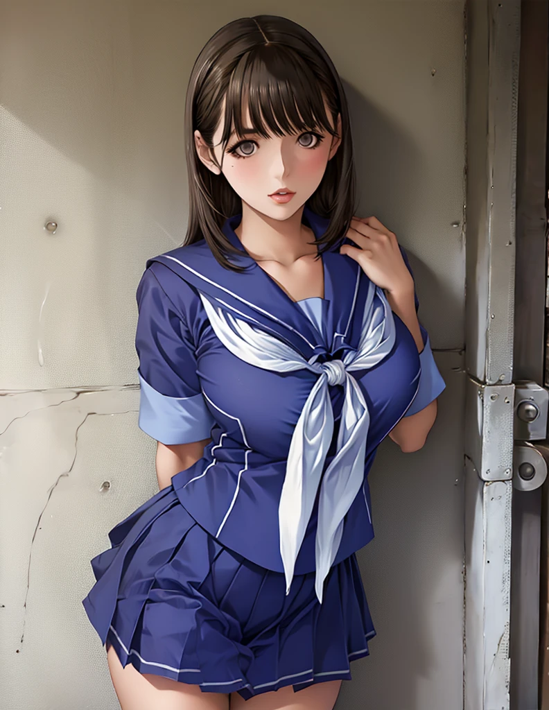 (masterpiece:1.2, top-quality), (realistic, photorealistic:1.4), beautiful illustration, (natural side lighting, movie lighting), nsfw, 
looking at viewer, face focus, upper body, 1 girl, japanese, high school girl, perfect face, cute and symmetrical face, shiny skin, 
(long hair:1.5, straight hair:1.4, dark purple hair), hair over one eye, dark purple, long eye lasher, (large breasts, seductive thighs, big ass), nipple hardening, slender, 
beautiful hair, beautiful face, beautiful detailed eyes, beautiful clavicle, beautiful body, beautiful chest, beautiful thigh, beautiful legs, beautiful fingers, 
((navy school gym uniform, navy school buruma)), 
(beautiful scenery), evening, (school class room), school desk, school chair, window, curtains, blackboard, standing, (sad),