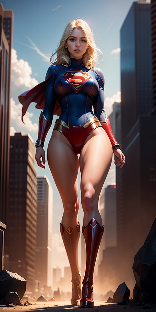 american woman in a red and blue costume posing in front of a city, extremely detailed artgerm, ilya kuvshinov and artgerm, artgerm and atey ghailan, alena aenami and artgerm, style artgerm, artgerm and ilya kuvshinov, aly fell and artgerm, leotard, bare legs, matching boots, standing, hands on hip, superhero