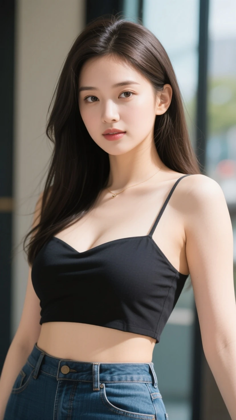 1 girl, masterpiece, highly detailed, simple wall background, (tall model body shape), beautiful face, young, athletic body, thick thighs, seductive, leggings, short tank top, cleavage,