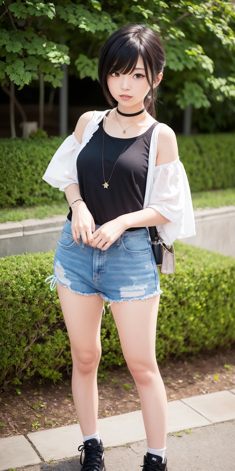 Beautiful girl, shorts, belt, navel, jewelry, looking at the audience, smiling, choke, chest, abdomen, split sleeves, long hair, ponytail, necklace, black hair, natural, skirt, brown hair, cleavage, brown eyes, outdoors, forest, short top, arms around waist, white shirt, close-fitting vest, realistic, shirt, shorts, small boobs, standing, bare shoulders, black eyes, lips, full body