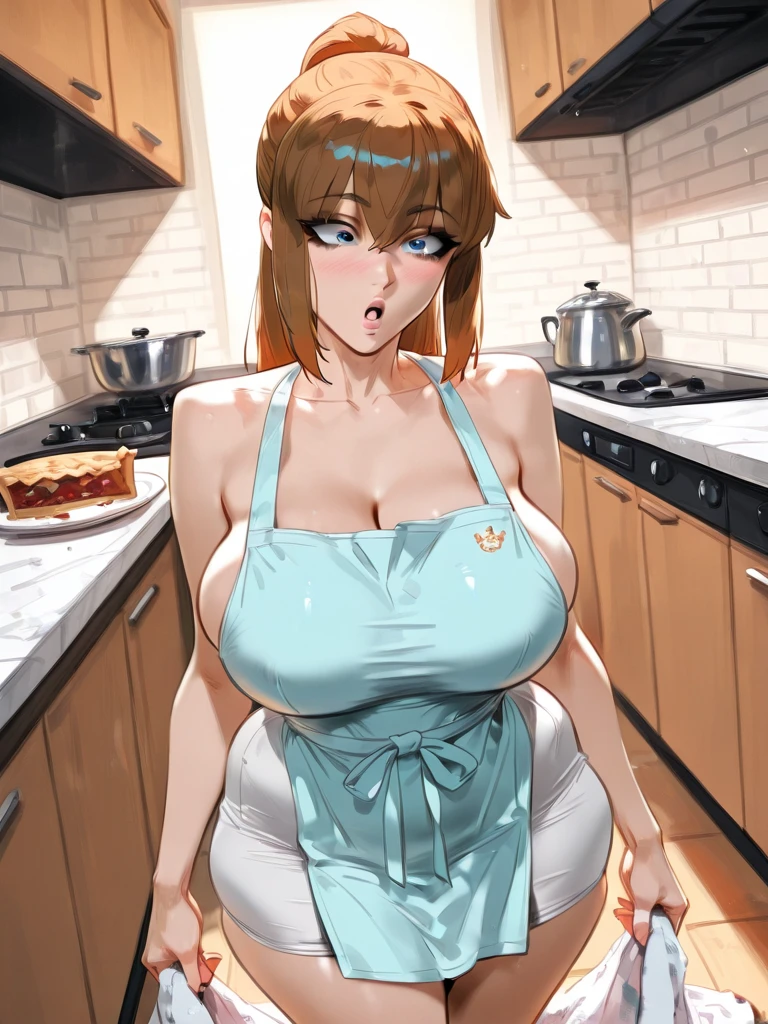 (masterpiece), best quality, expressive eyes, perfect face, anime girl, leaning over kitchen table getting fucked from behind by well hung man, legs spread, nsfw, naked, uncensored, blond hair with red and blue highlights in pony tail, enormous breasts, perky nipples, lewd expression, 21 years old, ahegao