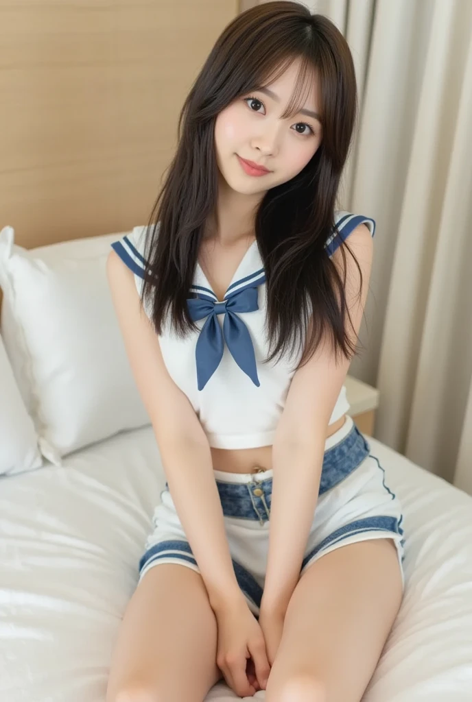 cute,teen,black hair,long hair,straight hair,with bangs,angelic smile,model,full breasts, back pose,on bed,summer sailor suit