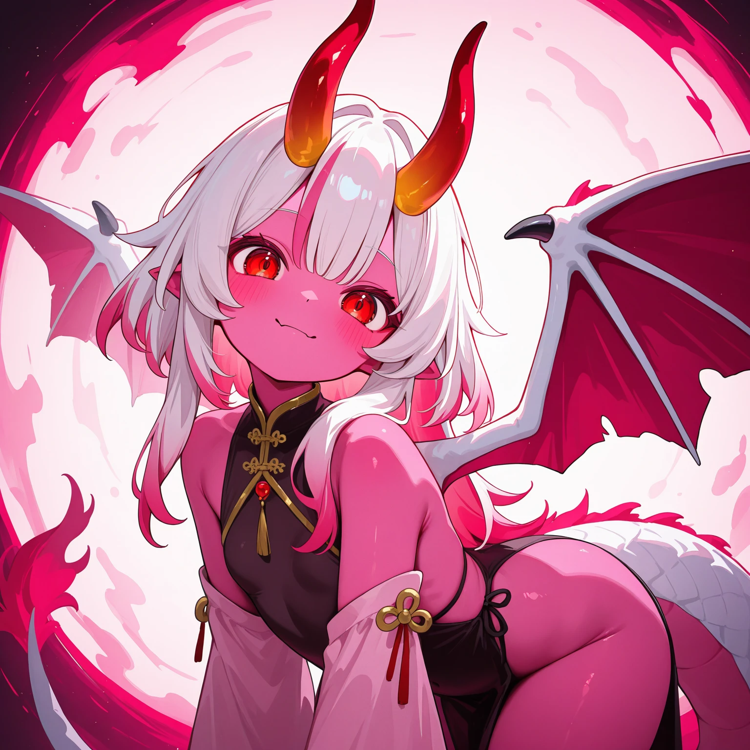 Anime, Female vampire, sucubus, full body, pale white skin, white folded wings, horns, red aura, red eyes, hanya horns, battle god, tatooed thigh, nude top, body runes, tail, strong arms