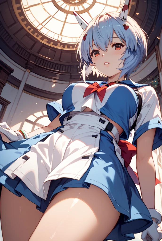 Only one girl, simple background, Looking up at an angle, Looking at the girl from the front, Girls' Centre, rei ayanami, short blue haired woman, Anime girl with long blue hair, Overall chubby, Lower your face, upper eyes, red eyes, inexpressive, pale skin, gloss on the skin, high school uniform, Huge udder, large convex areolas, Huge-breasts, Opening legs, stands, steam, sweat drops, trembling