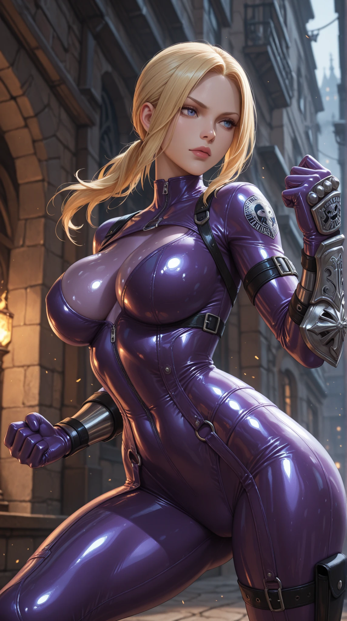 an oiled wet young female viking warrior, intricate medieval clothing, plunging neckline, short stature, figure, eighteen years old, giant shaped backside, striking purple eyes, sweat-glistened skin, photorealistic, hyperdetailed, dramatic lighting
