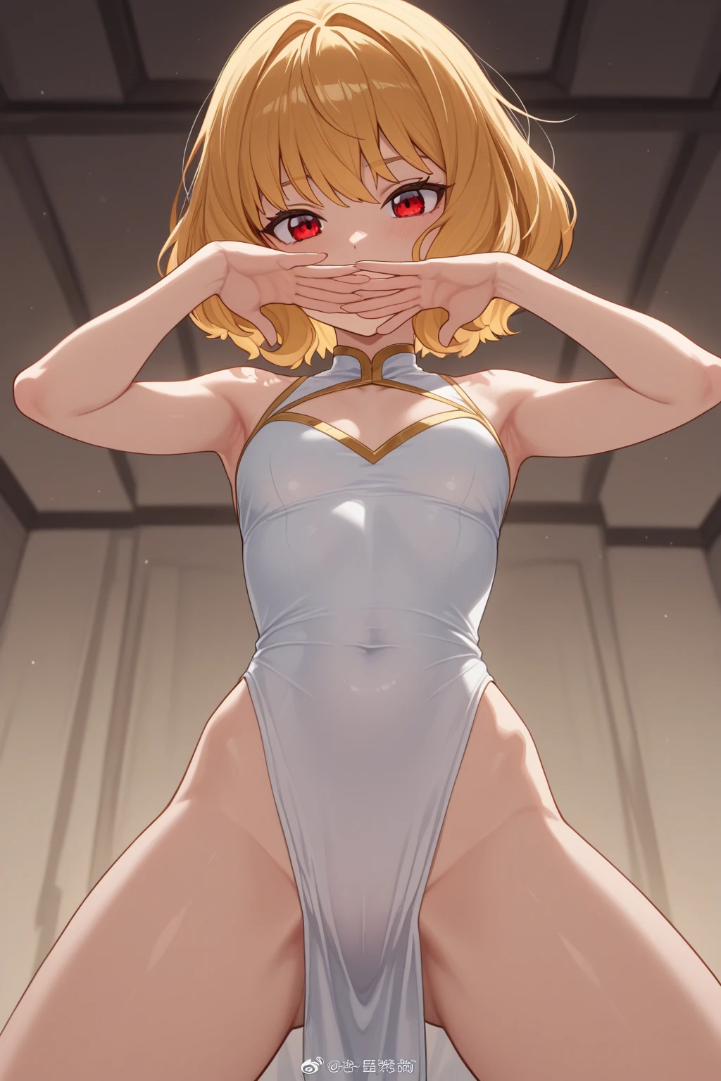 Modest, Shy, Infinitely cute and beautiful, sporty figure, pumped up athletic girl 17 years old; Blonde with short hair, with small neat elastic breasts; with protruding muscles; big eyes, long eyelashes; The colossal embarrassment blushed violently, looking at the camera; completely naked, Completely nude, completely naked On stage, stretching, ballet steps(Arabesque folds); An alluring hand gesture to the audience, performing on stage, The spotlight is aimed at her (In the circle of light), Focus on that; full body photography, A little further away, Anatomical realism, higly detailed, high quality textures