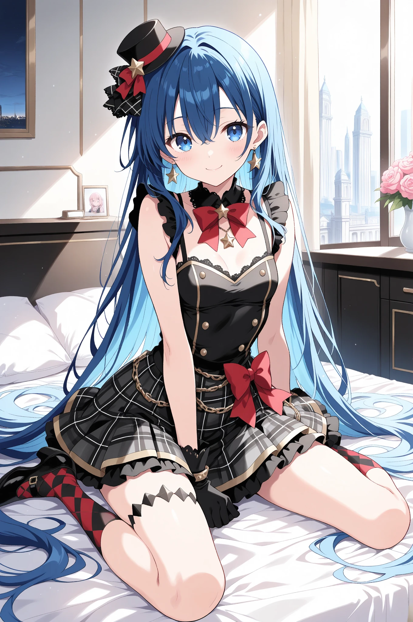 (masterpiece), (best quality), highres, ultra detailed, professional lighting, photography, mix4 adult, perfect skin, model, night, giant moon, 1girl, solo, aqua_konosuba, bottom view, smug, smile, open mouth, blue eyes, light blue hair, long hair, gothic, ribbon, hair bow, garter straps, lipstick, gauntlets, swollen sleeves, sitting, detailed background, clear sky, stars, sickle