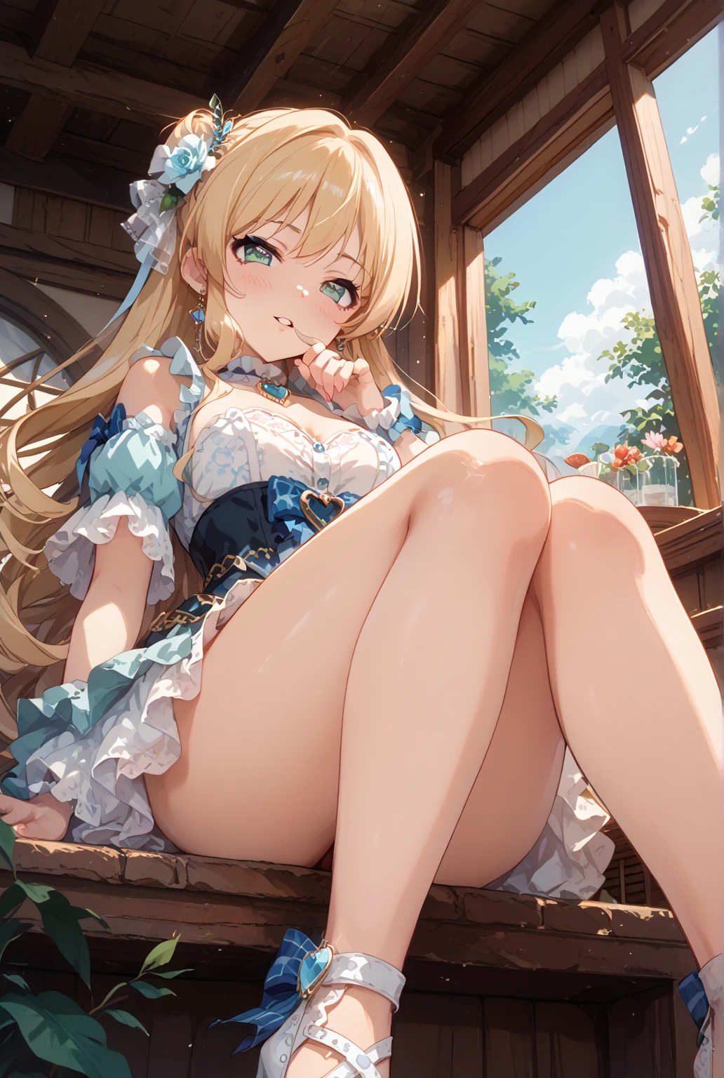((Highest quality、High resolution))、Beautiful woman、Perfect body、Beautiful and bountiful breasts、tits、Nipples、long blond、bangs、Blue and white、Embellished blue sexy dress、skirt、(((Showing panties、After the rape、Love juice)))、Outdoor Scenery、((Spread your legs、Embarrassed、Frightened expression))