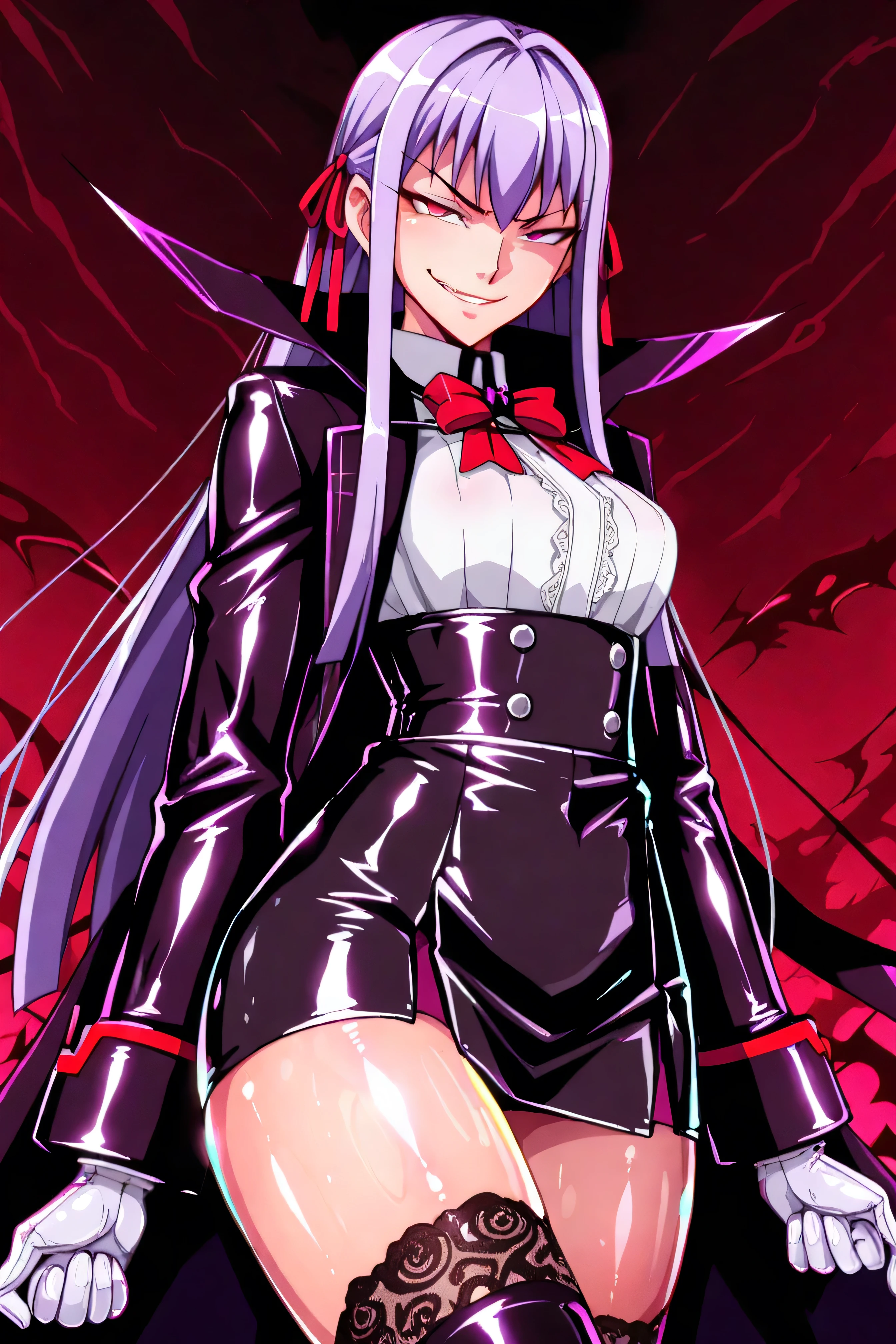 PURPLE EYES, long hair, purple hair, uniform、hair ribbon, red ribbon、BBBase, neck bow, Let's do it like a white shirt, black skirt, High Waist Skirt, white gloves, Black knee-highs, lace trim legwear, black coat, , smile, 、(evil smirk:1.9),Ufotable Style ,(shiny skin:1.5),straight longhair,
solo,1girl,
