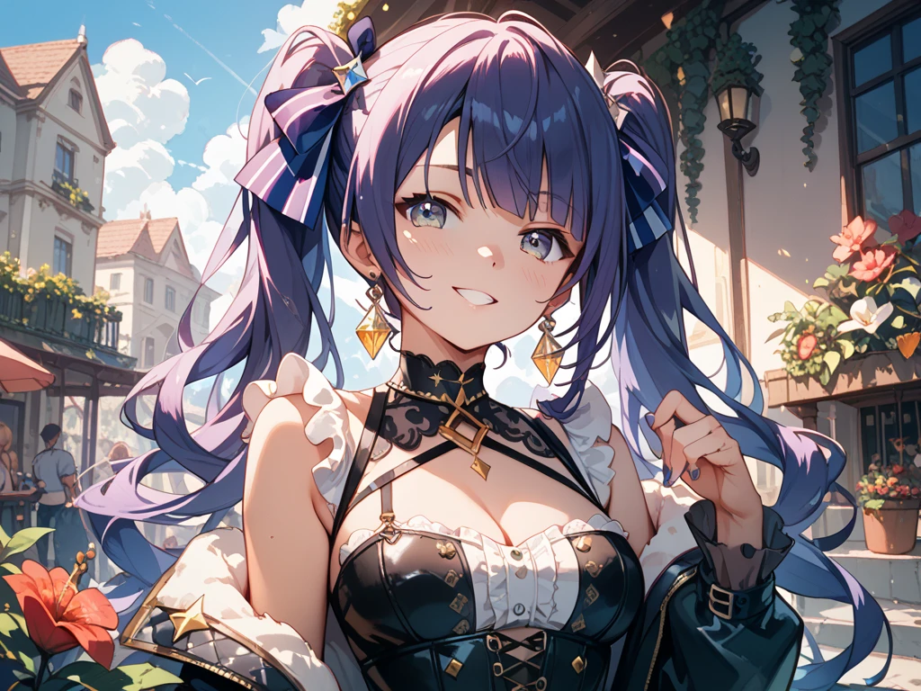 1girl, beach, blue sky, blurry, blush, breasts, cleavage, cloud, day, detached sleeves, dress, satyr \(granblue fantasy\), large breasts, looking at viewer, open mouth, outdoors, purple eyes, purple hair, sky, smile, solo, twintails,   friendly, energetic, joyful, outgoing, optimistic, adventurous, <lora:Satyr-10:1>,