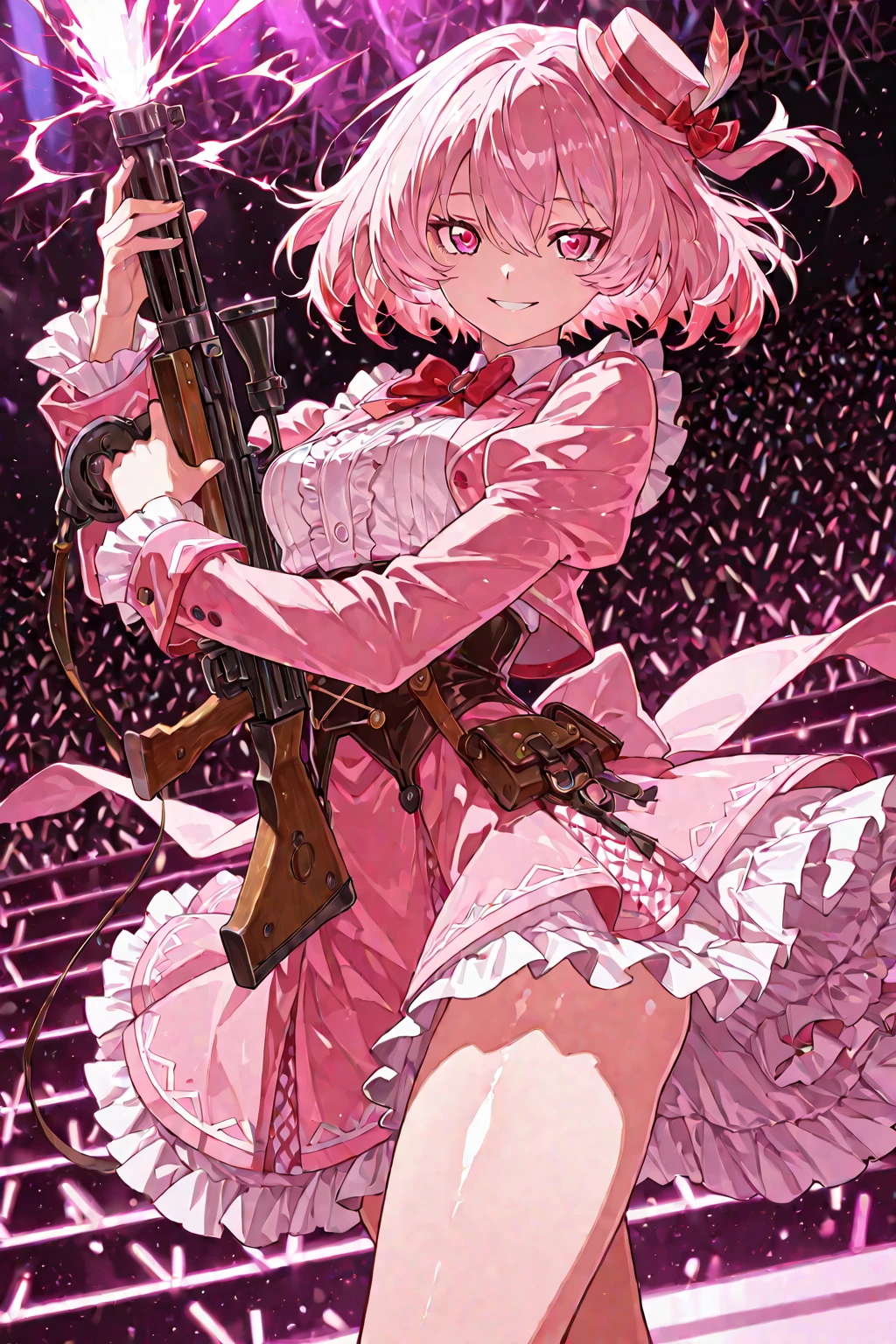 (Pink short hair, cute little lolita), holding a pistol, handsome, cute, expressionless, (impasto)