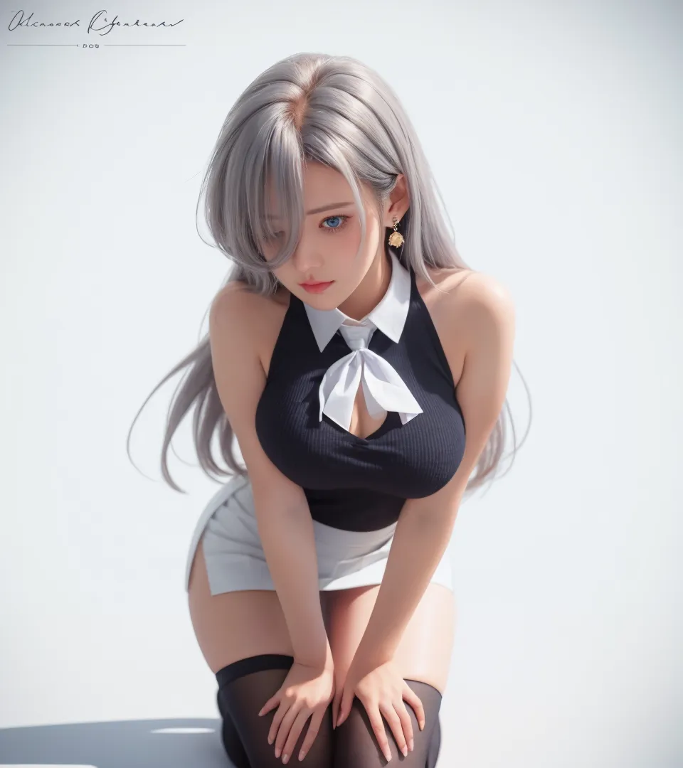 best quality,highly detailed,masterpiece,ultra-detailed,(realistic:1.2), 1girl,(white background),simple background,Delicate eyes,silver hair, purple eyes,hair_ornament,(white off-shoulder shirt:1.3),long hair,pointy_ears,crown_braid,expressionless,Straight hair,(++sitting:1.2), large breasts, --auto