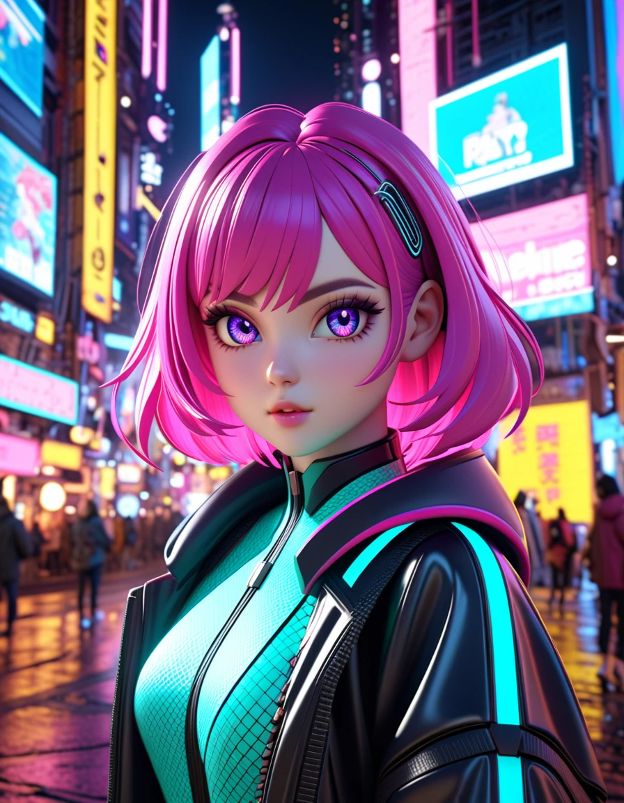 masterpiece, best quality, half body, portrait, night city, 1girl, anime, 3D, Japan, pixar, realistic, teen girl, smiling, cute face, harajuku fashion style, rain coat, beautiful, colourful, neon lights, cyberpunk, smooth skin, illustration, artstation, painting by stanley artgerm lau, sideways glance, foreshortening, extremely detailed 8K, smooth, high resolution, ultra quality, highly detail eyes, highly detail mouth, highly detailed face, perfect eyes, both eyes are the same, true light, glare, Iridescent, Global illumination, real hair movement, real light, real shadow, real face, hd, 2k, 4k, 8k, 16k, realistic light, realistic shadow, bright Eyes, fluorescent eyes, soft light, dream light