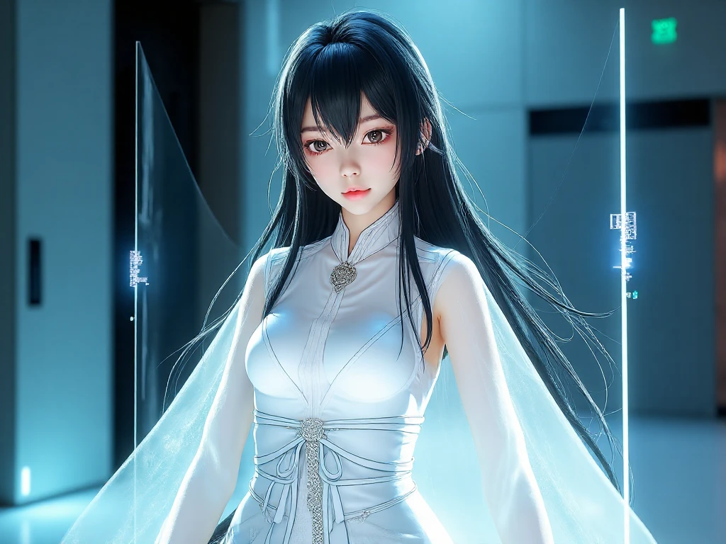 Korean girl, white long hair with bangs, icy blue eyes, white skin, white skimpy ninja suit, video game style, mortal kombat style