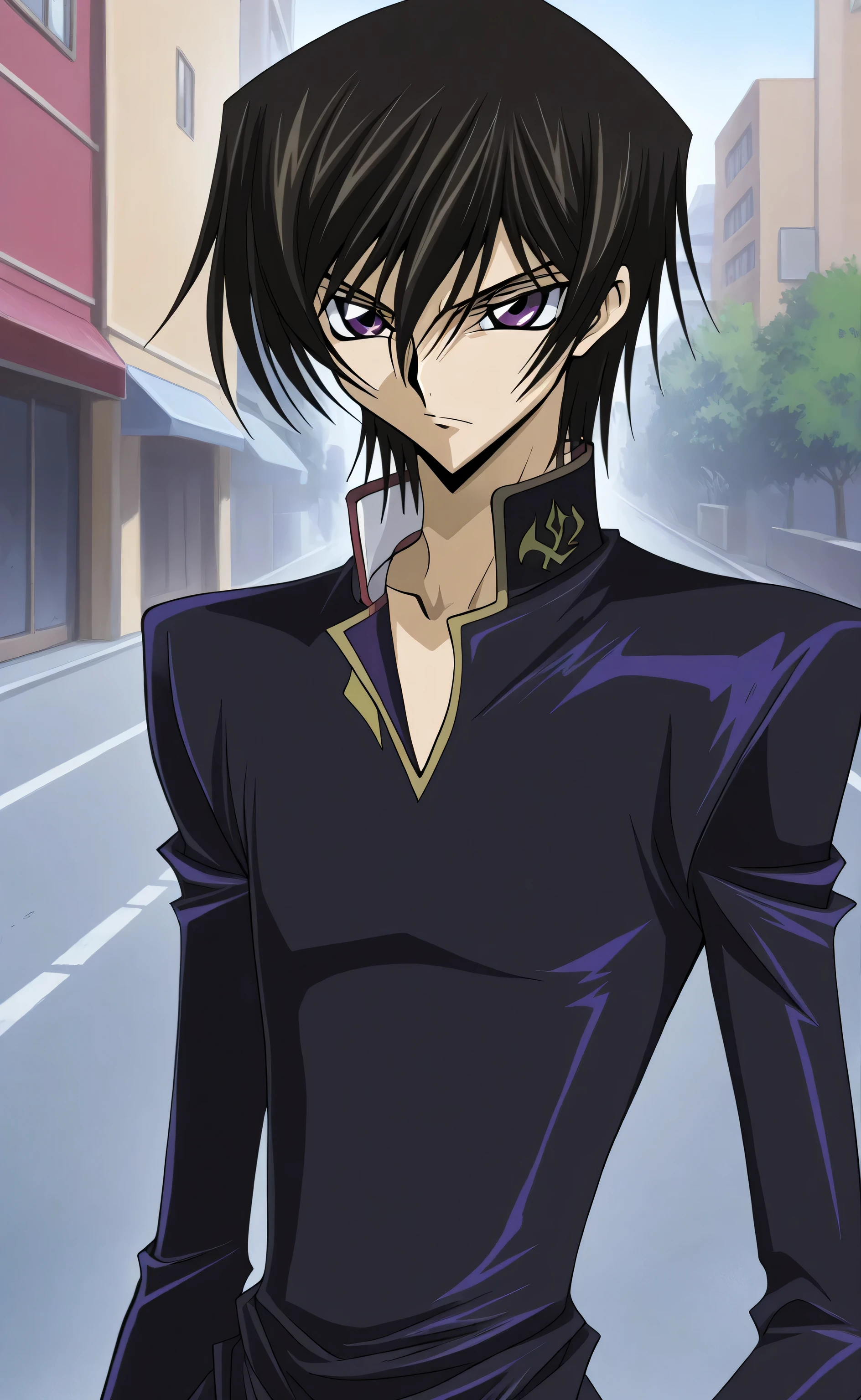 1male,solo,Lelouch Lamperouge,black hair,short hair,bang,purple eyes,black coat,gakuran,japanese,street,Yugioh Duel Monsters Style