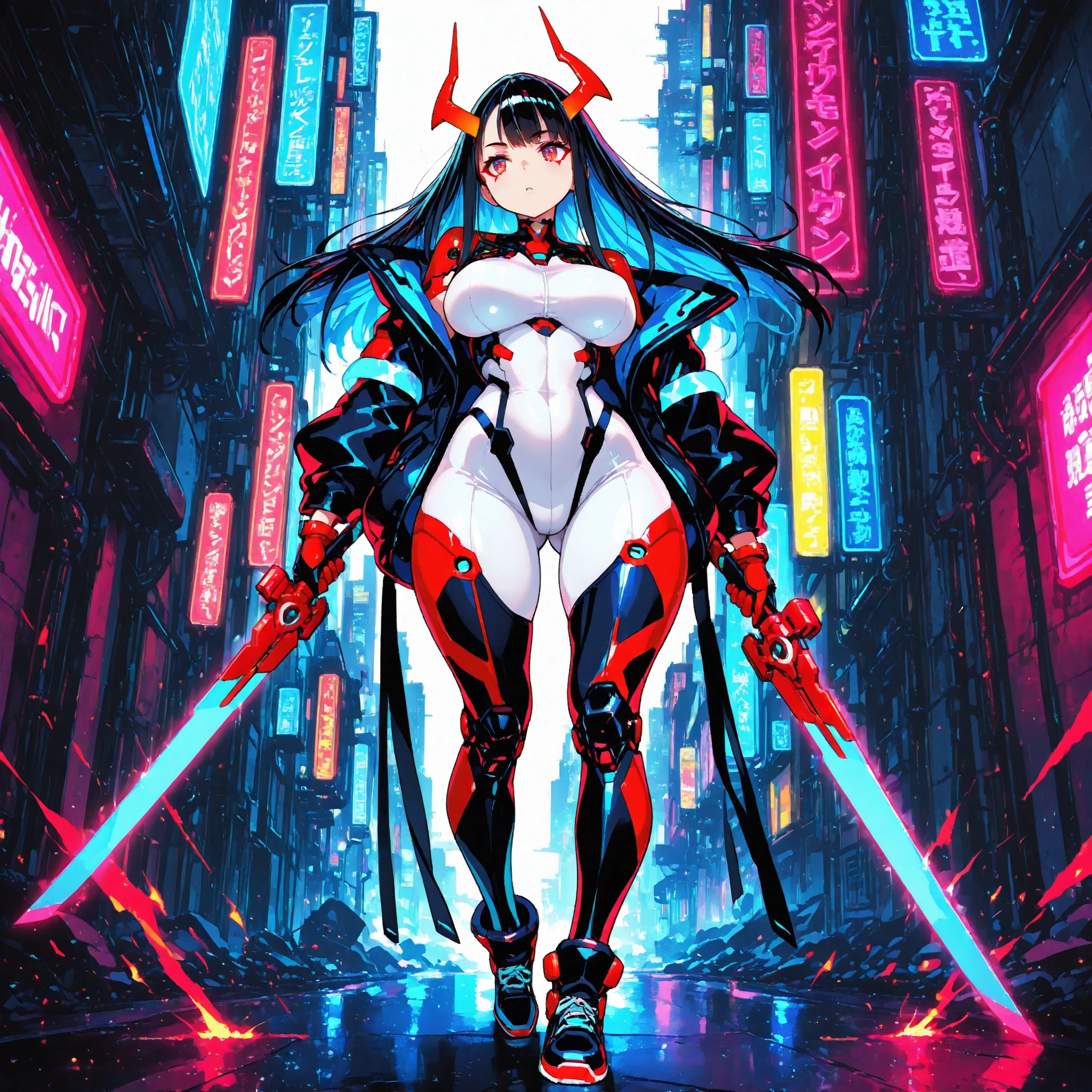 Full-body cybernetic girl with a ponytail. Bright red color to show that she is a cybernetic girl. Roupas como tomb raider, mas com saia. She also has blue eyes. The environment is like a terminator. hair is black. She is illuminated with the bright red color on one side of her face. Conduzido como. And both hands also have the led light.