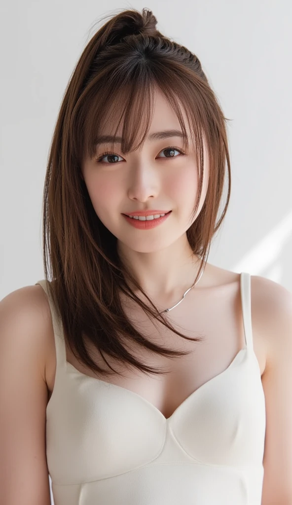 ((masuter piece、Best Quality、Detailed face、masuter piece, Best Quality, very detailed beautiful face and eyes、Perfect symmetrical beautiful face、top-quality、masutepiece)), Light brown eyes,A dark-haired、Tactile bangs、 hime-cut, Solo, bob cuts,Cheerful smile,Clean teeth alignment、Put your hands on your hips、full ,Leg up,crouching down、(Exposed big、very Bigger breasts、Very big big、very large breasts of special size,、very large beautiful areola,)、Put your ears out、long neck、neck long、Smaller face、Smaller face、small head、Big clean eyes、Distinct double eyelids、Light in the eyes、Perfect Anatomy:0.7、beautiful supermodel、lipgloss、(Really pure white blank background、Really pure white blank background)、Keep an eye on your audience、Symmetrical beautiful face、perfect leg、Perfect fingers、perfect hand、Perfect body、(wearing nothing、Upper body naked、I don't wear anything on my lower body)、Bold open crotch、fetal position、cross one's legs、adult appeal、adult lady、Cheek cane、Too sexy woman、Beautiful teeth、Beautiful teeth alignment、Smile at your audience、Keep an eye on your audience、Beautiful bangs
