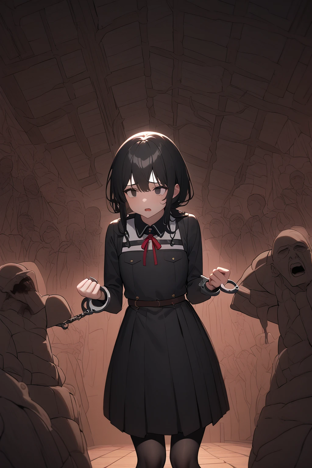 3D two-dimensional, redraw light and shadow, wearing tattered linen clothes, hemp rope tied around the waist, handcuffs, leg irons, highlight the black whipping scars on the body, highlight the metal material of the handcuffs, highlight the reflective material of the handcuffs, highlight the serious black scars on the face, bare feet, highlight the tears of the face, highlight the black scars of the arm whip, highlight the black scars of the foot whip, highlight the torn neckline of the clothes, highlight the tattered cuffs, highlight the tattered hem of the dress skirt, optimize the two-hand work, clench the fist with the left hand, clench the fist with the right hand, highlight the dirty clothes, Highlight the dirty face, highlight the blood-red handcuff scars on the wrists, highlight the blood-red scars on the neck, the painting style is clear, 4K, frightened expression, redraw body proportions, slim figure