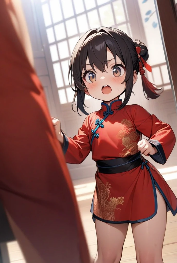 A tragic historical drama in 8k live-action style: Beautiful palace secrets Beautiful 10 year old Chinese Kung Fu girl princess with short black hair Gorgeous embroidery, Ultra glossy, The shiny red long-sleeved floral kung fu suit she is wearing is forcibly torn apart by the old man's hands.