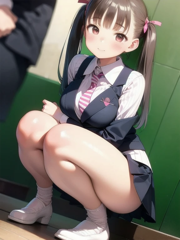 (realistic, photo realistic:1.2), ((highest quality)), move the center of gravity backwards, pretty embarrassing, fuyuko mayuzumi, black hair, (brown eyes:1.5), long hair, two side up, ((black bow, black bowtie, Plump short sleeves, , ruffle skirt:1.3)),pantyhose, white panties, (show panties:1.4), (panty shot:1.3), (lift up your skirt:1.3), (squat:1.4), put the heel on the ground, spread your legs, squat with your knees up, Attach your butt to the ground, black penny loafers, beautiful face details, real human skin, gentle expression, Front view, angle from below, realistic, photorealistic, squat deep on school grounds, whole body, (looking at the viewer:1.2), from before, from below,