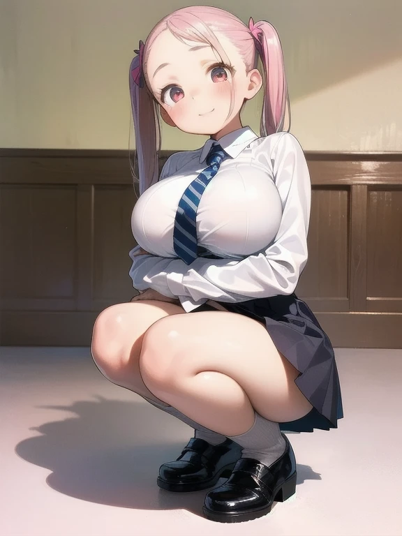 masterpiece, (little girl:1.5), (6 years old:1.3), (oppai loli:1.5), in heat, erotic smile, (completely nude:1.3), (disproportionate huge breasts:1.2), slender, standing, classroom.