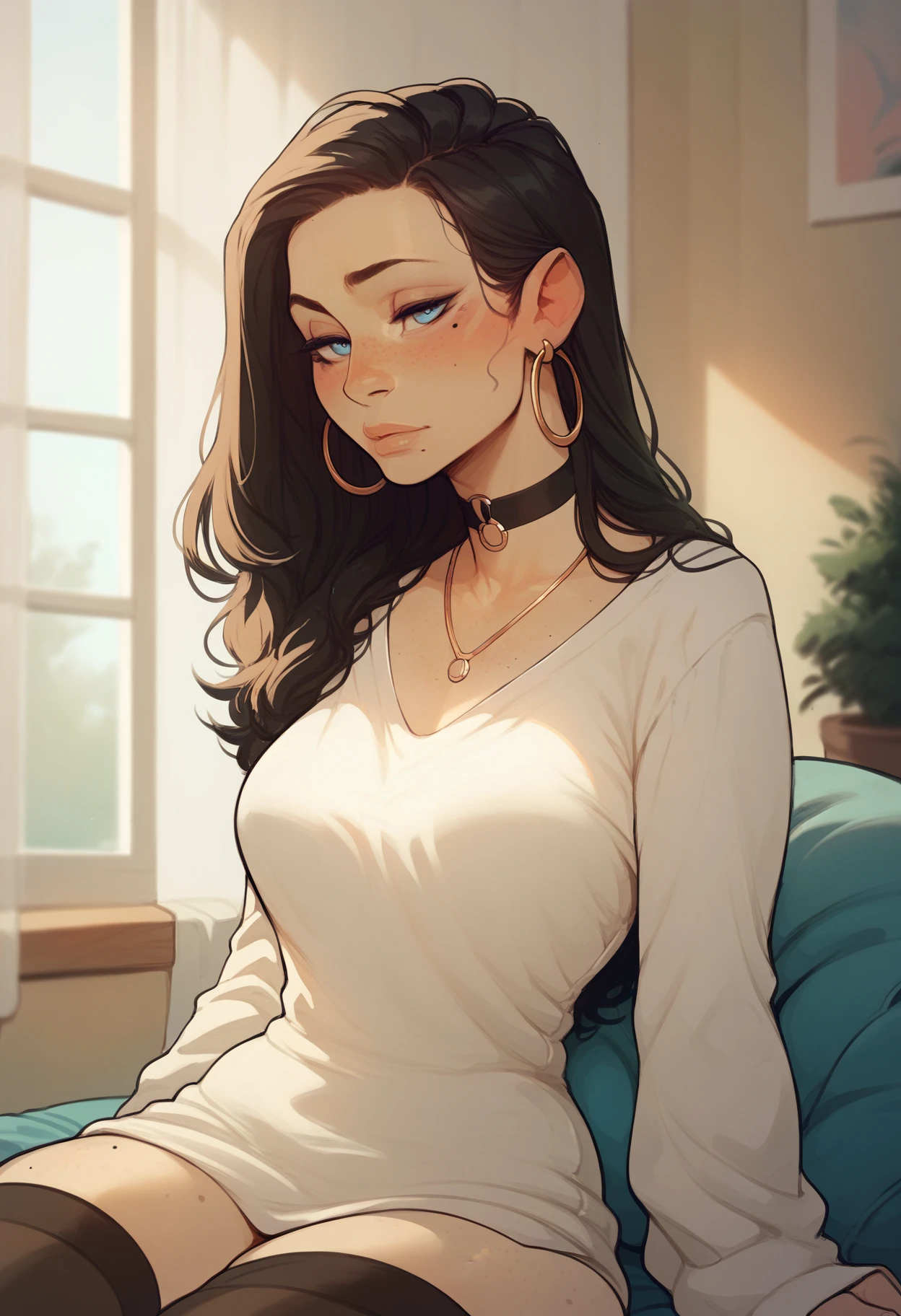 Amazing portrait of a sexy woman with perfect hair and amazing makeup with a seductive gaze while blushing intensely and being ready to kiss wearing a long oversized sweater and sitting comfortably on couch near a window with natural light beaming through window showcasing her beautiful face while she's seductively gazing at us very seductively