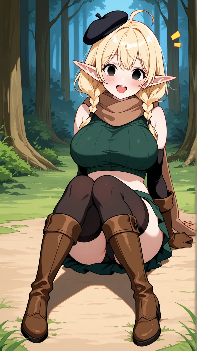 Hews style, 1girl, blonde_hair, breasts, pointy_ears, elf, braid, solo, green_eyes, belt, restrained, long_hair, arms_behind_back, dress, large_breasts, choker, from_below, cape, looking_at_viewer, twin_braids, vines, blue_dress, bound, lips, thighs, bound_arms, parted_lips, tentacles, no_panties, signature, cloak, plant