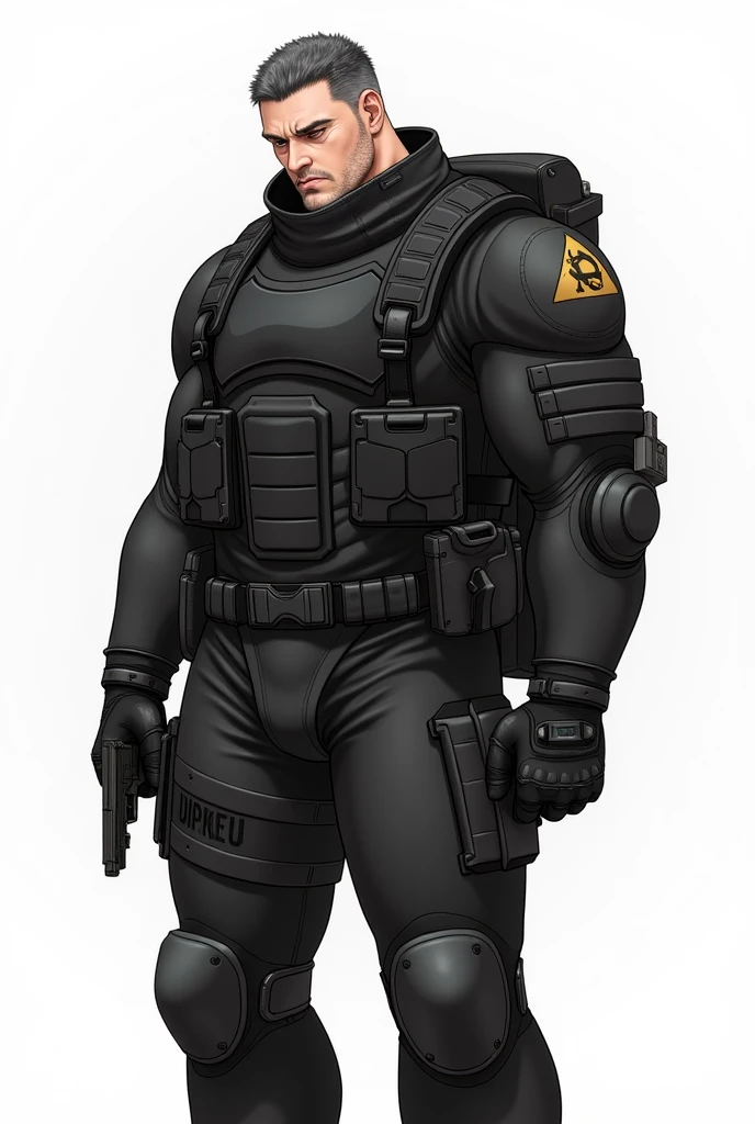 Goth Noir (nod) wearing a black swimsuit black skin full body. Tan lins. ((Futa)) bulge. bulge. Mad. Combat armor.