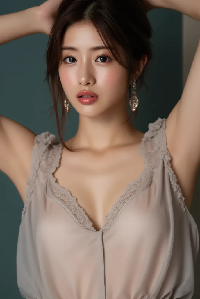 Innocent 14 year old girl、(barechested)、Sitting in the room、A smile, Sexual huge cleavage、Barbarian in the photo, (8K、best qualtiy、​masterpiece:1.2)、(intricate high detail:1.4)、(Photorealsitic:1.4)、octane renderings、Ultra-detailed and complex 3D rendering, Studio Soft Light, Rim Lights, vibrant detail, Super Detail, realistic skin textures, Face Detail, Beautiful detail eyes, Highly detailed CG Unity 16K wallpaper, Makeup - Makeup, (Detailed background:1.2), shinny skin、Turned、Exposed thighs!!!、((Not wearing underwear))、Beautiful 、