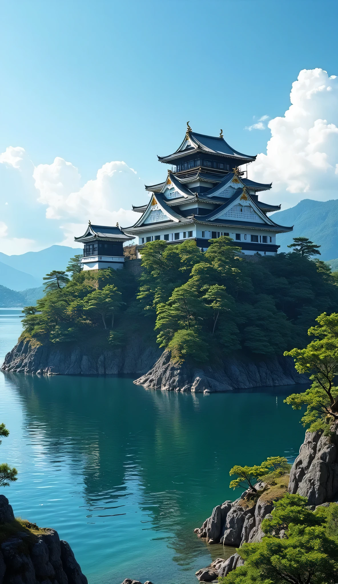 highdefinition images,Azuchi Castle 、The top floor of the castle tower is a hexagon、large castle on top of a small mountain overlooking Lake Biwa、Panoramic Images