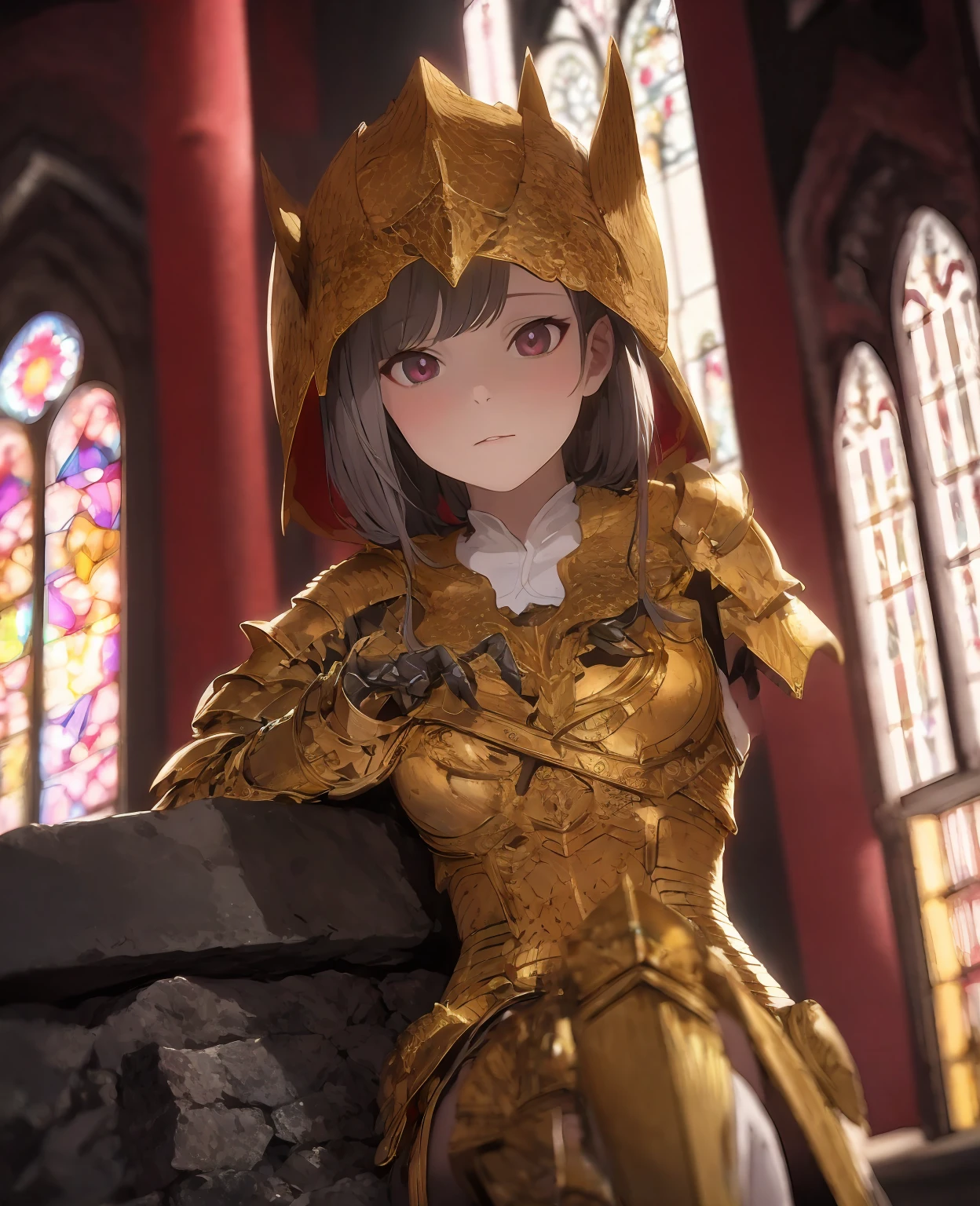 big bust, broad hips, glistening gold, shiny dark skin, calm tomboy soldier kneeling, relaxed, facing upwards, short black hair, hands on knees, full gold armor, closed eyes, open mouth, tongue out, view from above