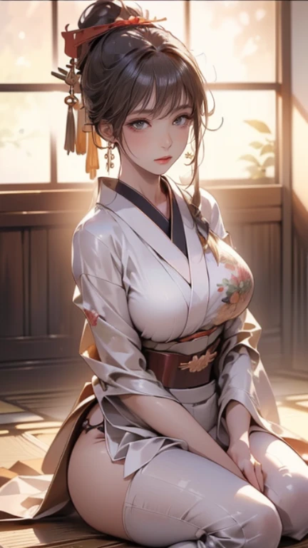 a beautiful detailed portrait of Hailee Steinfeld as Hinata from Naruto, long dark hair, pale skin, beautiful detailed eyes and face, extremely detailed features, gorgeous detailed lips, longeyelashes, looking directly at the viewer, beautiful detailed kimono, elegant pose, delicate features, serene expression, intricate background, highly detailed, photorealistic, dramatic lighting, vibrant colors, cinematic composition