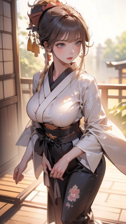{masterpiece, distinct_image, extremely detailed CG, (extremely detailed fine touch:1.2), (natural light, sun light, light rays, dappled light, ray tracing:1.2), beautiful eyes and detailed face,white ink splashing, photo realistic, 4k, 8k, high_resolution,(perfect_finge:2.0), (beautiful_detailed_eyes:1.3), glitter, white_light, (glow_white_face, front_light:1.3),{1girl, face_focus, looking for_in_viewer, upper_body, dynamic angle, standing, fighting stance, put own sword in sheath, own hand on own waist },{adult, (huge_breasts, wide_hip:1.3), (White sword sheath on waist,Japanese white hakama, white long haori, Detailed sword handle, light yellow_bamboo_hat:1.7),(white_hair, white_eyes, long_hair, fluttering hair, slanted_eyes, bangs:1.4), white background}