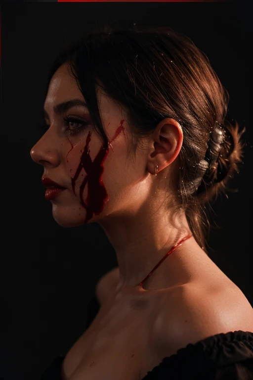 Create an image of a nurse with a rotten face covered in blood all over her body with a knife in her hand in a night scene ,with blue purple and black sky
