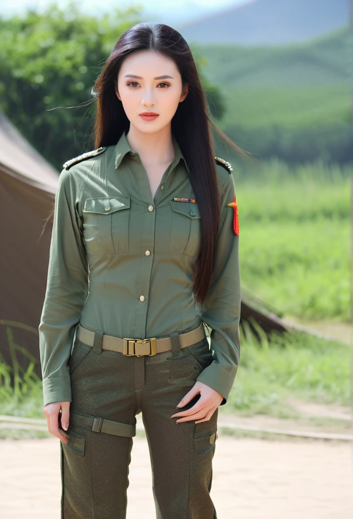 Khaki suit, khaki civil servant, Thai teacher uniform:1.3, beautiful girl, Two meter long hair, extra long hair, Long hair that catches the eye, long black hair, Her hair is very long., Long, shiny hair, Long, thick, soft hair, Extra long hair, Dynamic posts, like full body, Short sleeve shirtสีกากี, short pencil skirtสีกากี, side cut, Decorated with military insignia., black high heels, The sexiest, small waist, hips raised, small thighs, Long legs, big breastsโต, big breasts:1.5, big breast, Very big breasts, Eye-catching breasts, Large breasts pierce the shirt, Not completely covered, big breast, Huge breast, Big tits D, สาวTwo meter long hair, Beautiful face, red lips, Very shiny, แต่งBeautiful face, Military rank insignia, short pencil skirt, tight, Short sleeve shirt, tight fitting, in the background, blurred garden. ultra short skirt, sexy short skirt, Focus on short skirts, standing mannequin, walk, straight face, pull up skirt
