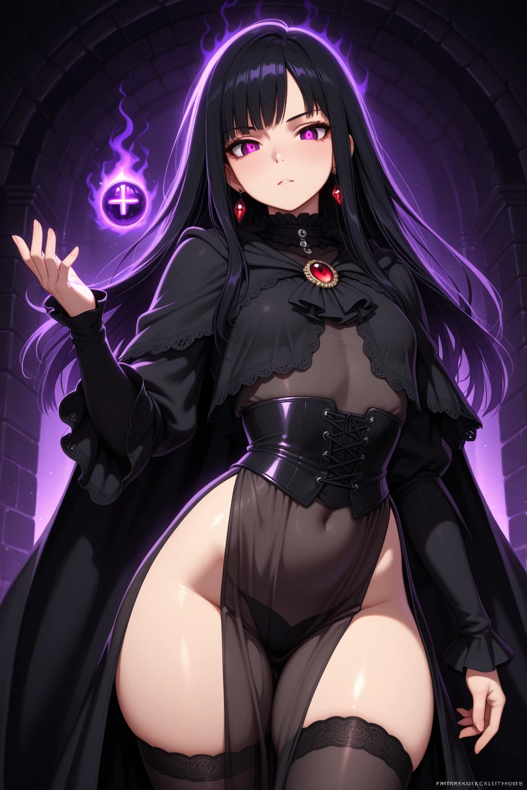 woman, wide hips, long hair, black fur trimmings, black hair, fringe, pale, pale skin, black eyes, black clothes, black dress, party dress, hip waders, high boots, gloves, salon, evening, fantasy, small waist