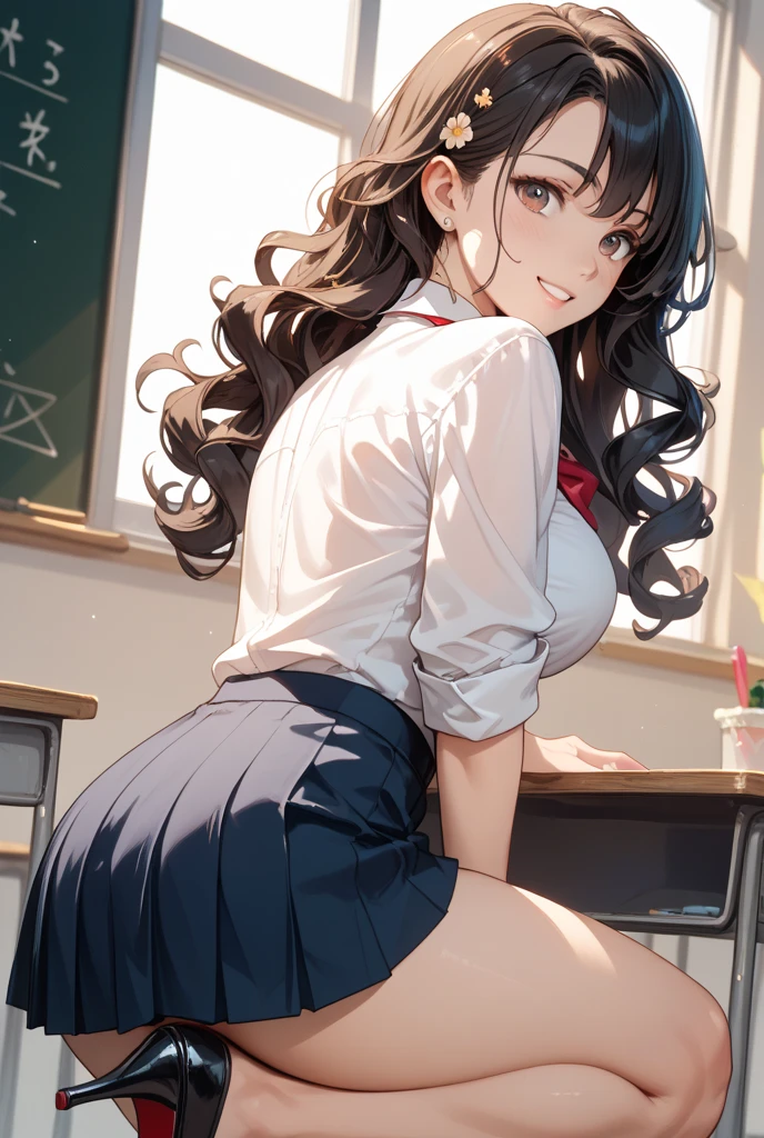 best god quality, Ultra-detailed, perfect Anatomy, standing up straight, (Draw a tomboy excitedly inside a college library), 1girl, is a excited beautiful tan girl, tomboy aesthetic, dark skin girl, tanline skin, (dark skin*2), (long black + wavy hair*1.2), (school girl outfit*1.2), Full limbs, complete fingers, groin, Beautiful hazel eyes, well-proportioned tan tomboy, student clothing, in a library, High resolution, Best lighting by professional AI, college library, looking at viewer, (((One girl in middle))), (((SOLO))), (library in background)