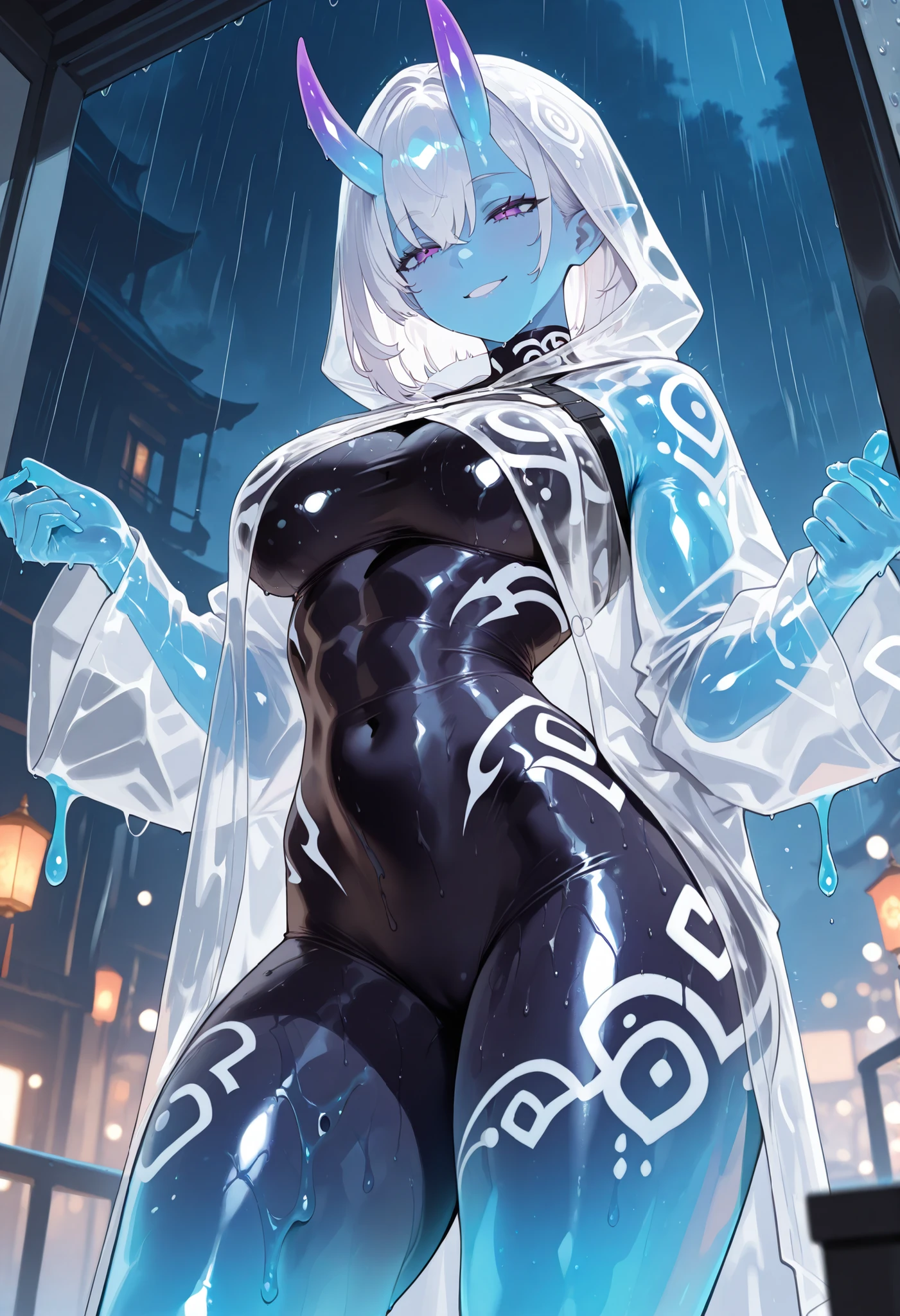 ((Masterpiece)), ((better quality)), nsfw, solo, oni Horns, humanoid slime, sss, translucent, subsurface scattering, blue skin, translucent skin, colored skin, Transparent body, Solid body, very muscular, transparent slime body, slime hair, toned body, Midriff, muscular, muscular legs and arms, black bodysuit, bodybuilder, purple eyes, sly Smile, half-closed eyes, large eyes of an intense violet color, white tribal tattoos, slime tribal outfit, fluid clothes, seducting, giantess, transparent slime clothes, expressive, transparent raincoat, raining, night, fantasy background