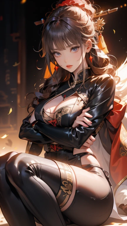 (Masterpiece, Best quality)),Very detailed, Simple eyes,Medium breasts,Sitting,Crossed legs, kneehighs,lisa imai,1girll,Smile, black_mitts, Breasts, brown_Hair, crown, Eyebrows_Visible_Through_Hair, mitts, Ambitions, Long_Hair, Looking_at_peeping at the viewer, pony tails, puffynipple_short_Sleeves, puffynipple_Sleeves, Rose, short_Sleeves, Smile, Yellow_Rose,Boots
