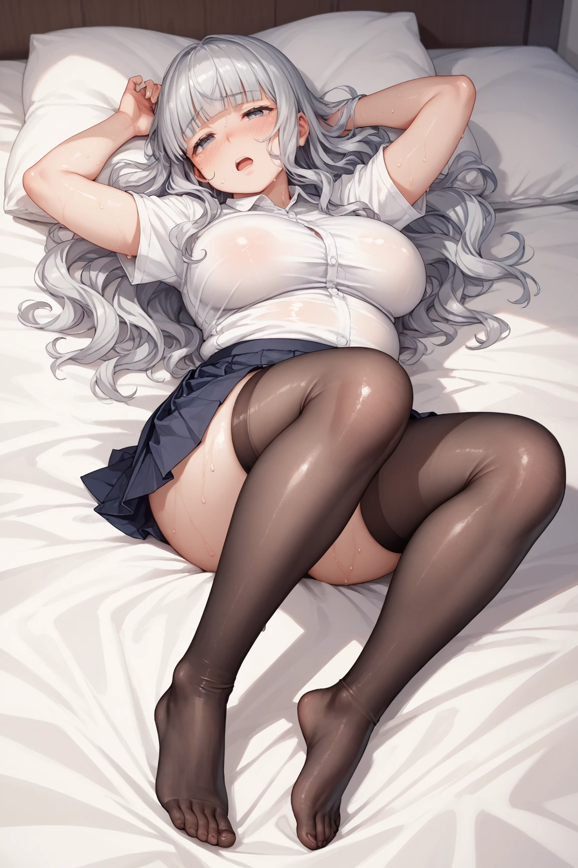 korean beautifull girl,18 years old,Cute face,Good shape,emaciated,detailed picture, Seductive expression,Stick out your tongue, blush,White long hair, Wearing tights,Soaked,Wear black pantyhose,No shoes, Wearing black boxing gloves,Black collar,Black sleeves on arms, Lying in the boxing ring,Large Breasts,Cleavage,Long legs,Thin waist,nipple,Camel toe,Cat ear
