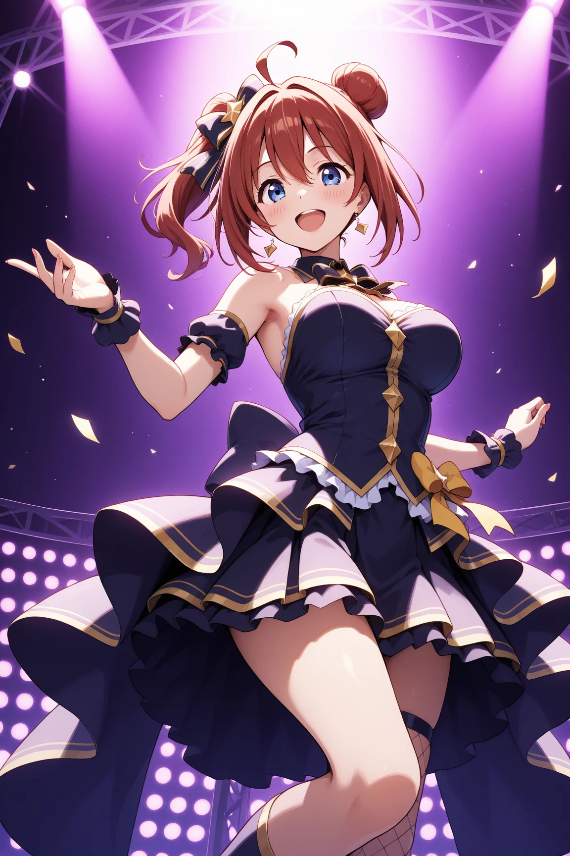 (masterpiece, cowboy shot from below, sfw, profile:1.3), (8K, highest quality fantasy anime, Top image quality: 1.4), 12yo kawaii petit little girl:1.2, looking down at viewer on the stage、against the spotlight, blush, showing cleavage of the medium breast:1.2、no bra, perfect pupils of big droopy eyes, Super Detail Face、Eye of Detail, open mouth、sharp focus:1.2, pretty:1.4、top-quality、超A high resolution、(moe anime:1.4)、Highly detailed and professional lighting, tempting smile、natural make up, light cute fantasy idol costume、Shoulder out、no bra, high beams, mini skirt, lowleg panty peek, natural facial expression、medium hair、Fatal position, gorgeous background, lovelive!, idolmaster