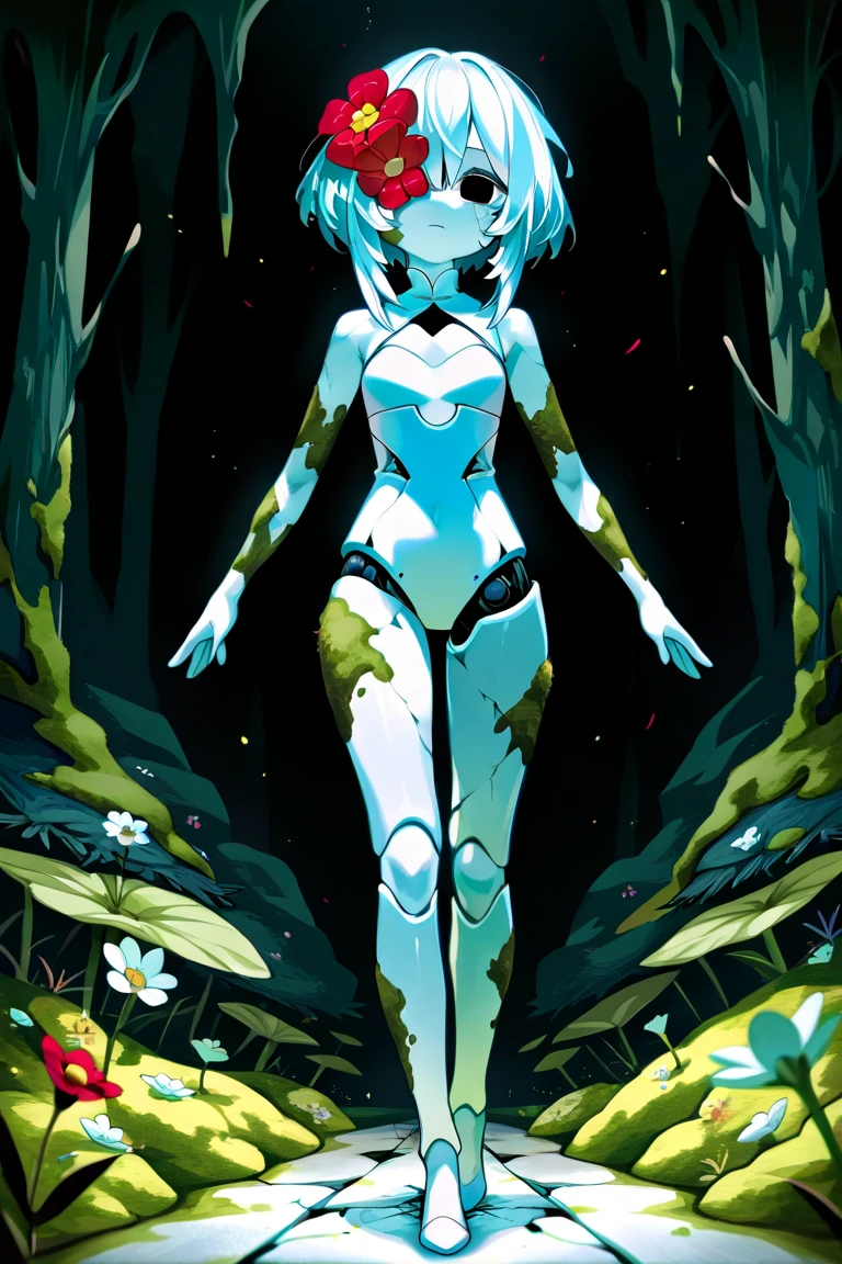 core_9_up, score_8_up, score_7_up, score_6_up, source_anime, 2D、1girl, black hair, red eyes, skeleton body, Translucent dress、Bones visible, forest, moss on body.、 blue jellyfish, robot joints