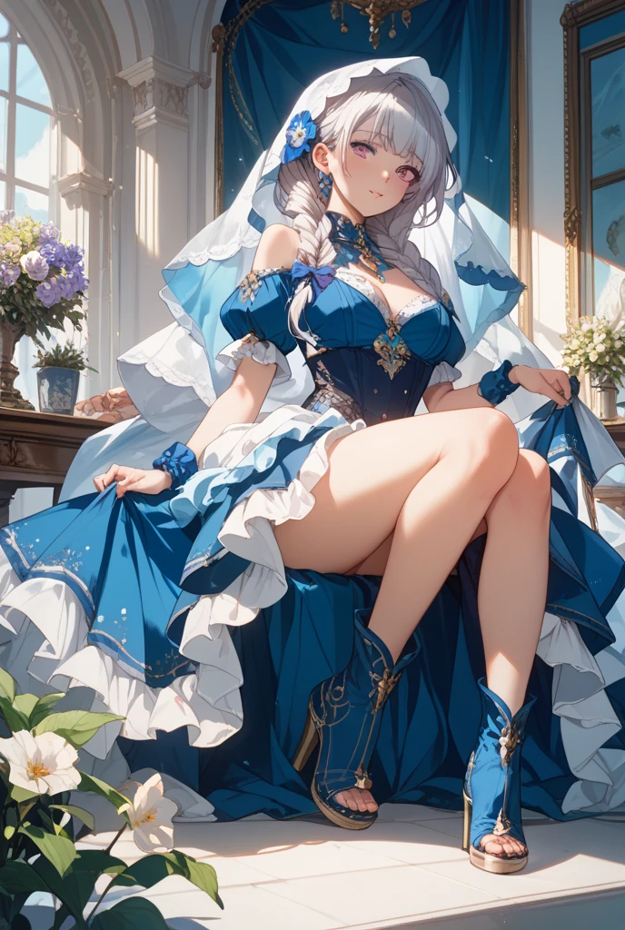 Masterpiece、need、1 woman、blue clothes、Traditional Thai dress, blue strapless、full body photo、ancient thai style、 White cloth buns, steamed buns、black hair、Leaky shoulder、The chest is large.、Long, slender legs、smile、black stockings、ริมฝีปากpinkอ่อน、Embroidered clothing、high-heels,(big tits),sexy, slightly seductive expression, big breasts,Show your breasts,The cracks are clear....,((big tits)),(pubic bone), rift, visible chest,seductive pose,I see bulging nipples.,(((large areolae:1.4,pink,The nipples are clearly visible.......)))