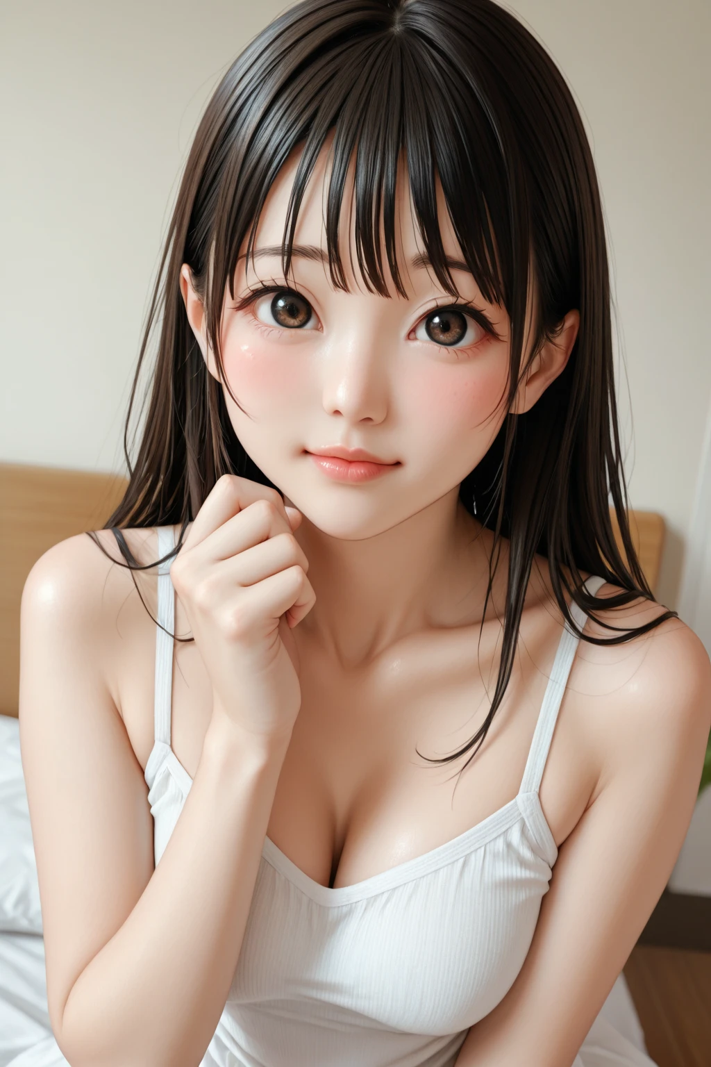 21years old、brown haired、beautidful eyes、real looking skin、small tits、(8K、​masterpiece)、(reallistic、Photorealsitic)、top-quality、ighly detailed、The ultra-detailliert、Beautie、cute little、japanes、idol、a smile、Close-up portrait、Healthy face、Realistic pupils