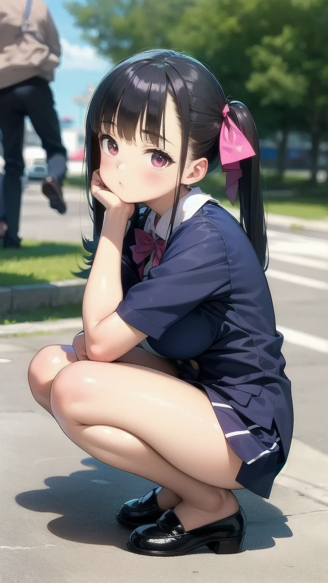 (((masterpiece, Highest quality, High resolution, 超High resolution, Perfect Pixel, Depth of written boundary, 4K, RTTX 10.0))), Beautiful Anime Women, Beautiful art style, Anime characters, ((Smooth texture, Realistic texture, Anime CG Style)), Exact finger count、Exact number of legs、(Exact number of arms:1.0, Exact number of hands:1.0), (Perfect hands, Perfect Anatomy.1.5), Cinematic, Realistic, Extremely detailed CG, Daytime lighting, Perfect lighting, Best Shadow, The best natural light, Perfectly balanced style, Perfect body, (Slender body:1), whole body, ((bangs, Dark brown hair, Bobcut)), ((One woman is licking a popsicle she is holding.:1.4)), ((Beautiful eyelashes)), ((Detailed face, Blushing:1.2)), (Fashionable white shirt, Sailor collar, Knee-high socks:1.3), (セクシーでcute水色パンティ, Shiny satin side-tie panties, Light blue panties with a plain center and lace decoration on the sides, Ultra-detailed panty folds:1.3), (Open your mouth wide, drool dripping from the tongue:1.5), ((close your eyes:1)), ((cute, Sighing expression)), (Sexual pleasure facial expressions:1.4), (Facial expressions that put up with the toilet:1.2), Patience is the limit, On the brink of climax, (In town, Akihabara-like streetscape, Sidewalk:1.3), Angle from the front