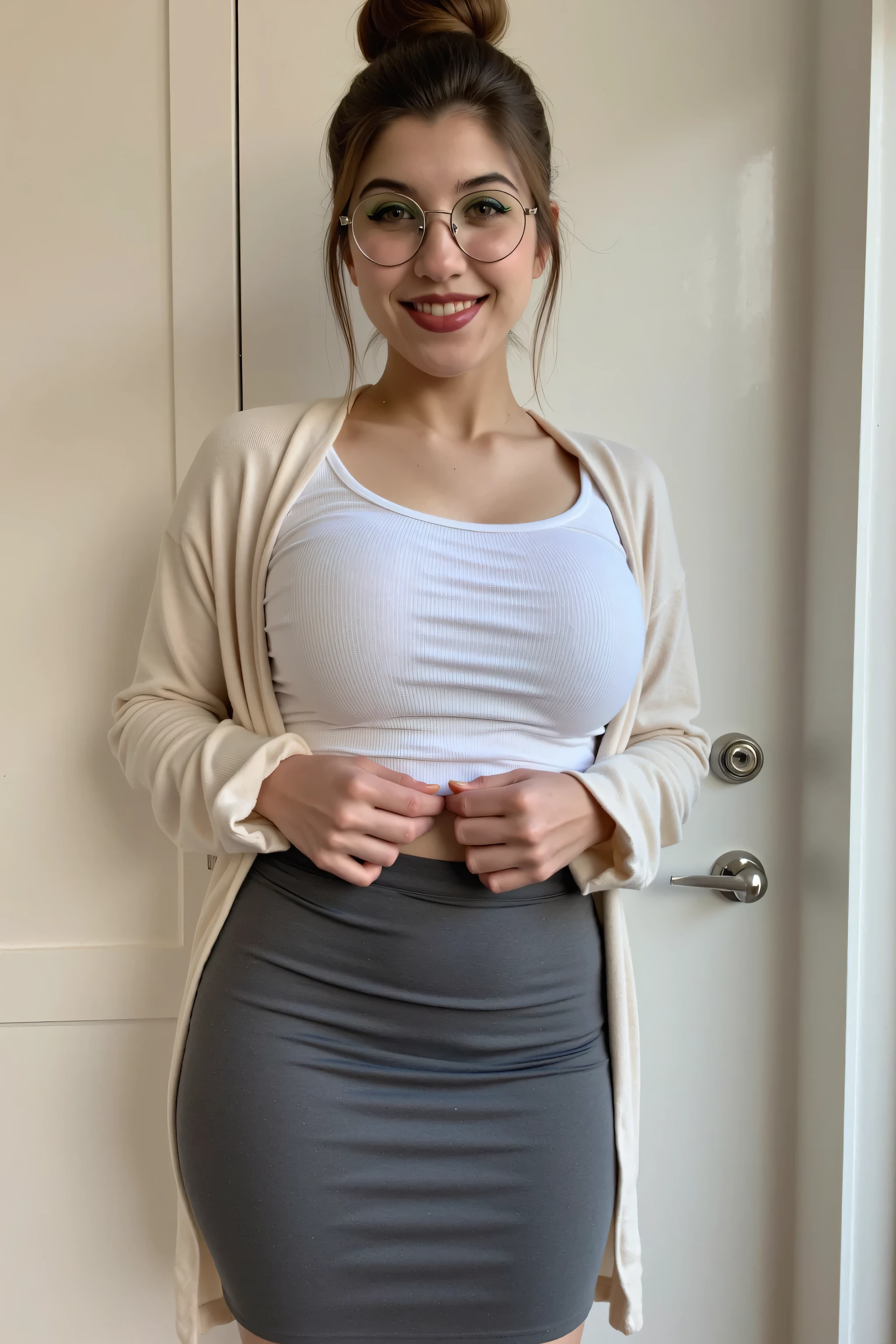 teacher, wide hips, narrow waist, A young cute woman stands confidently, captured in a full-body shot. wearing A fitted white scoop neck long-sleeve top Over it, she has a cropped cardigan, messy hair, high-waisted, tight form-fitting grey maxi skirt, messy bun, face-framing hair strands, and she looks directly at the camera with a warm, inviting smile. in bedroom. wearing glasses, thick thighs, big breasts, cleavage, freckles across nose and cheeks, view from front, exposed nipple, big tits hanging, topless, wearing glasses, mouth closed, freckles across nose and cheeks, black lipstick