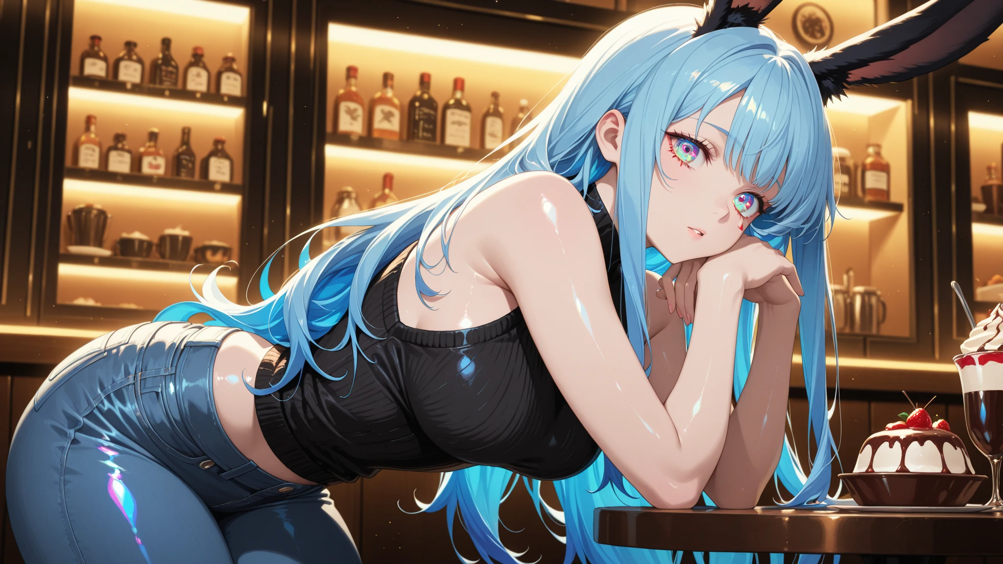 A blue-haired woman wearing a tank top and leggings is eating a tlayuda at a taco stand. With side slits Big Ass Spread your legs Cat ear tail Small breasts