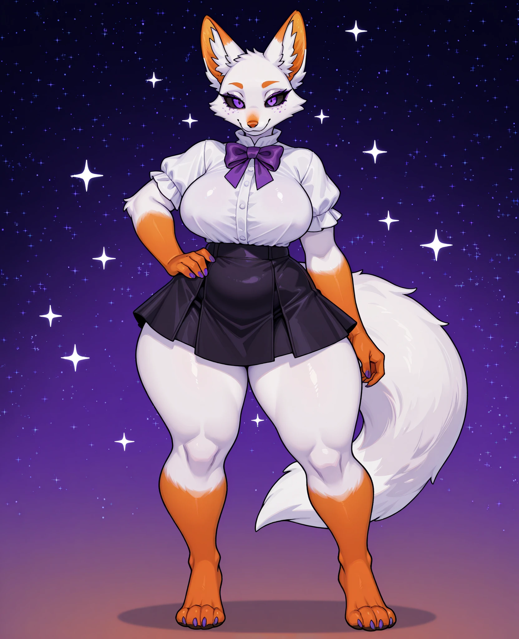 Whispers the wolf, solo, body, thighs, long hair, two long braids, purple hair, breasts, superhero, latex, big breasts, wide hips, heels, smile, purple eyes, purple suit, star symbol, looking at the viewer, thigh spacing, navel uncovered, pregnant